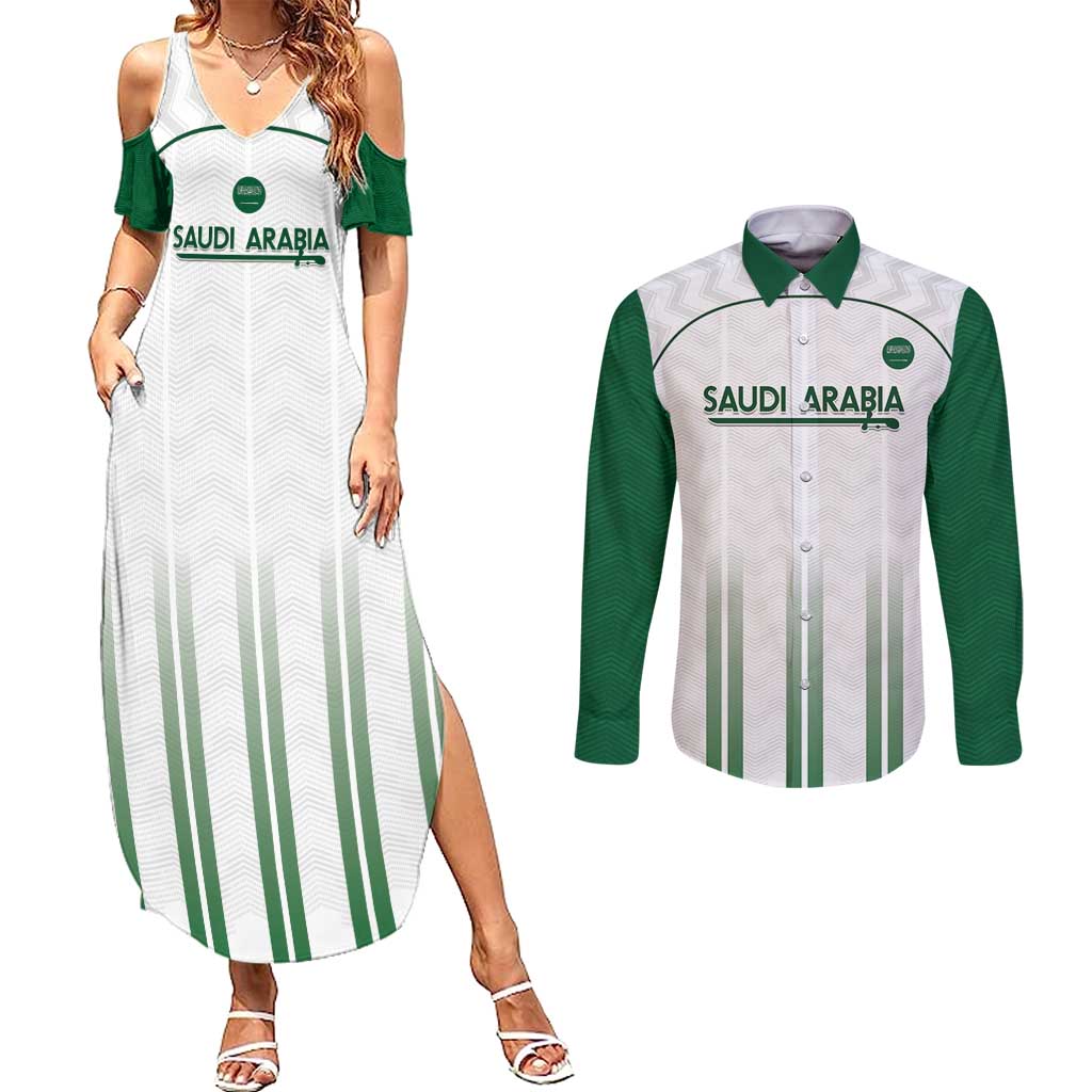 Custom Saudi Arabia Football Couples Matching Summer Maxi Dress and Long Sleeve Button Shirt Go Green Falcons Sporty - White Version - Wonder Print Shop