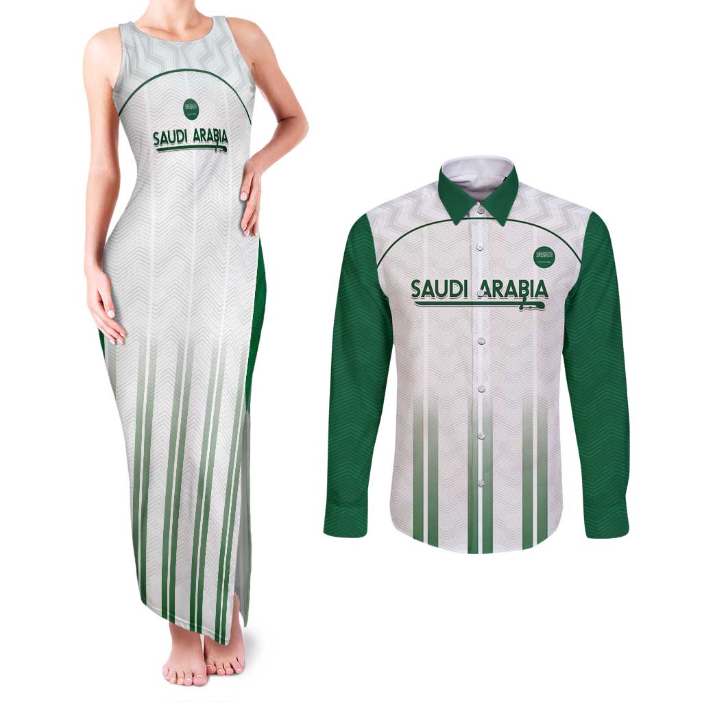 Custom Saudi Arabia Football Couples Matching Tank Maxi Dress and Long Sleeve Button Shirt Go Green Falcons Sporty - White Version - Wonder Print Shop