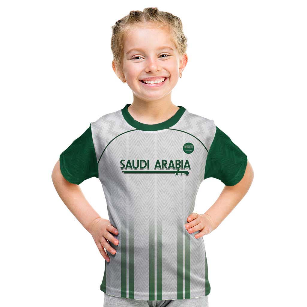 Custom Saudi Arabia Football Kid T Shirt Go Green Falcons Sporty - White Version - Wonder Print Shop