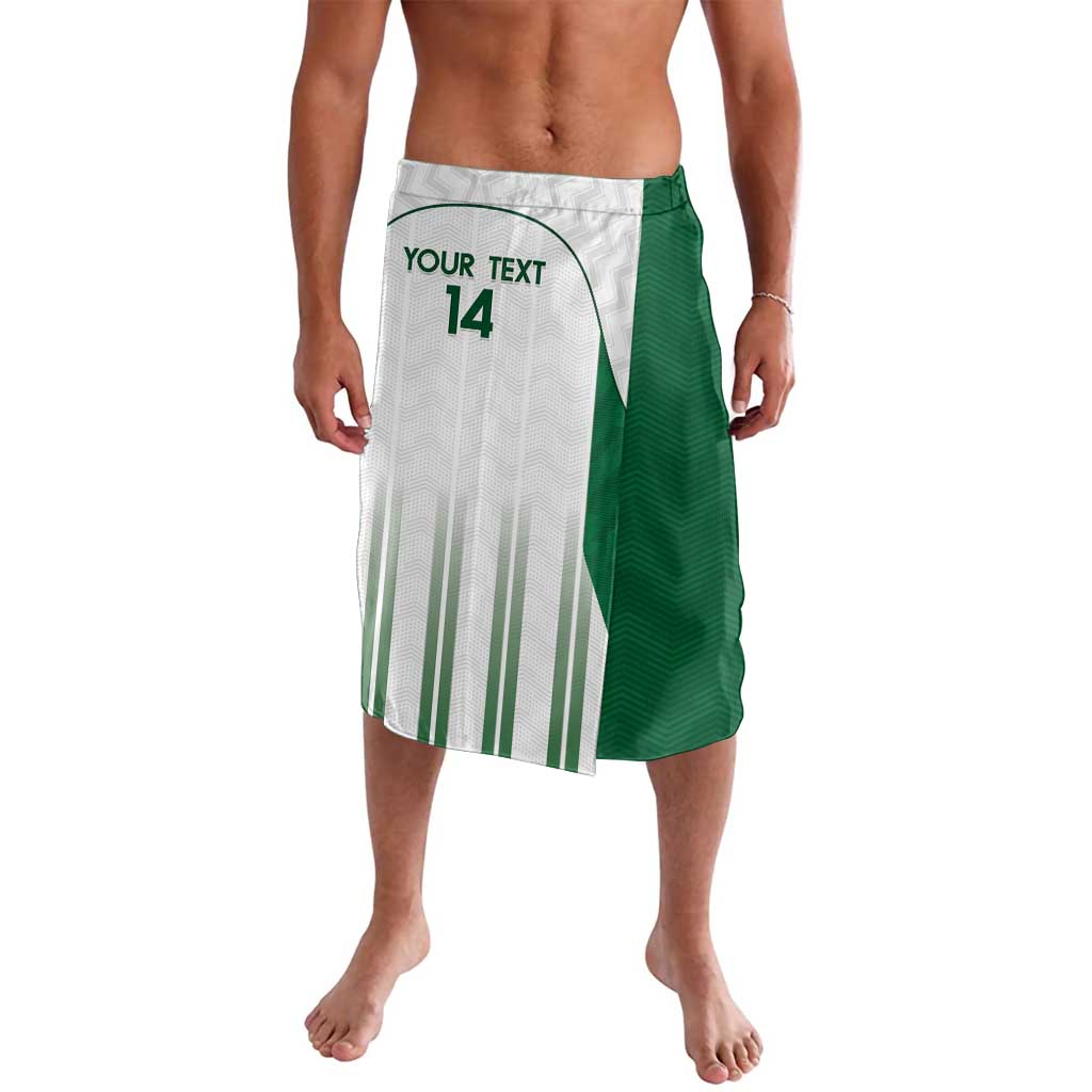 White and green sports lavalava with stripes and 'YOUR TEXT 14' print