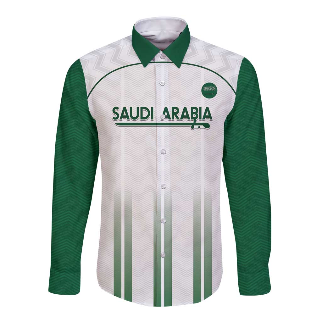 Long-sleeve button football shirt, white front with green 'SAUDI ARABIA' logo and green sleeves