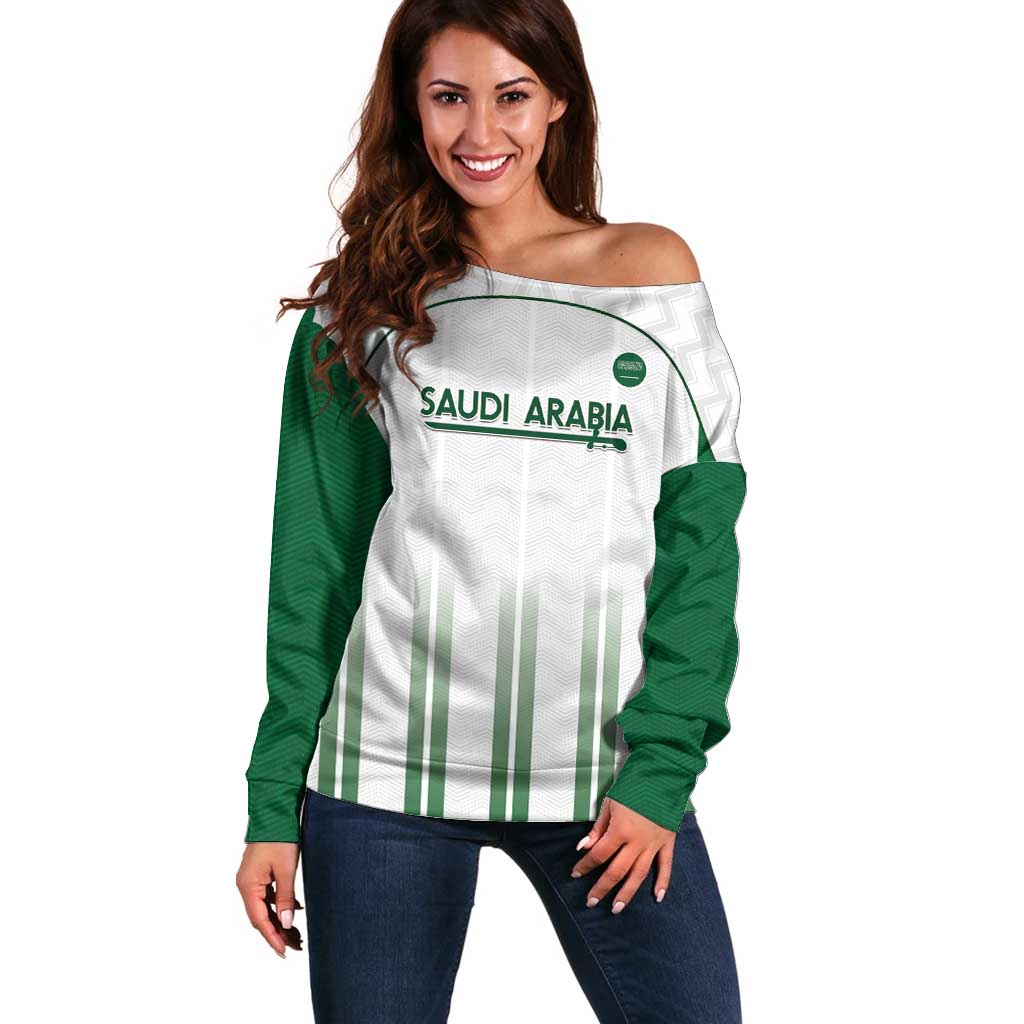 Custom Saudi Arabia Football Off Shoulder Sweater Go Green Falcons Sporty - White Version - Wonder Print Shop