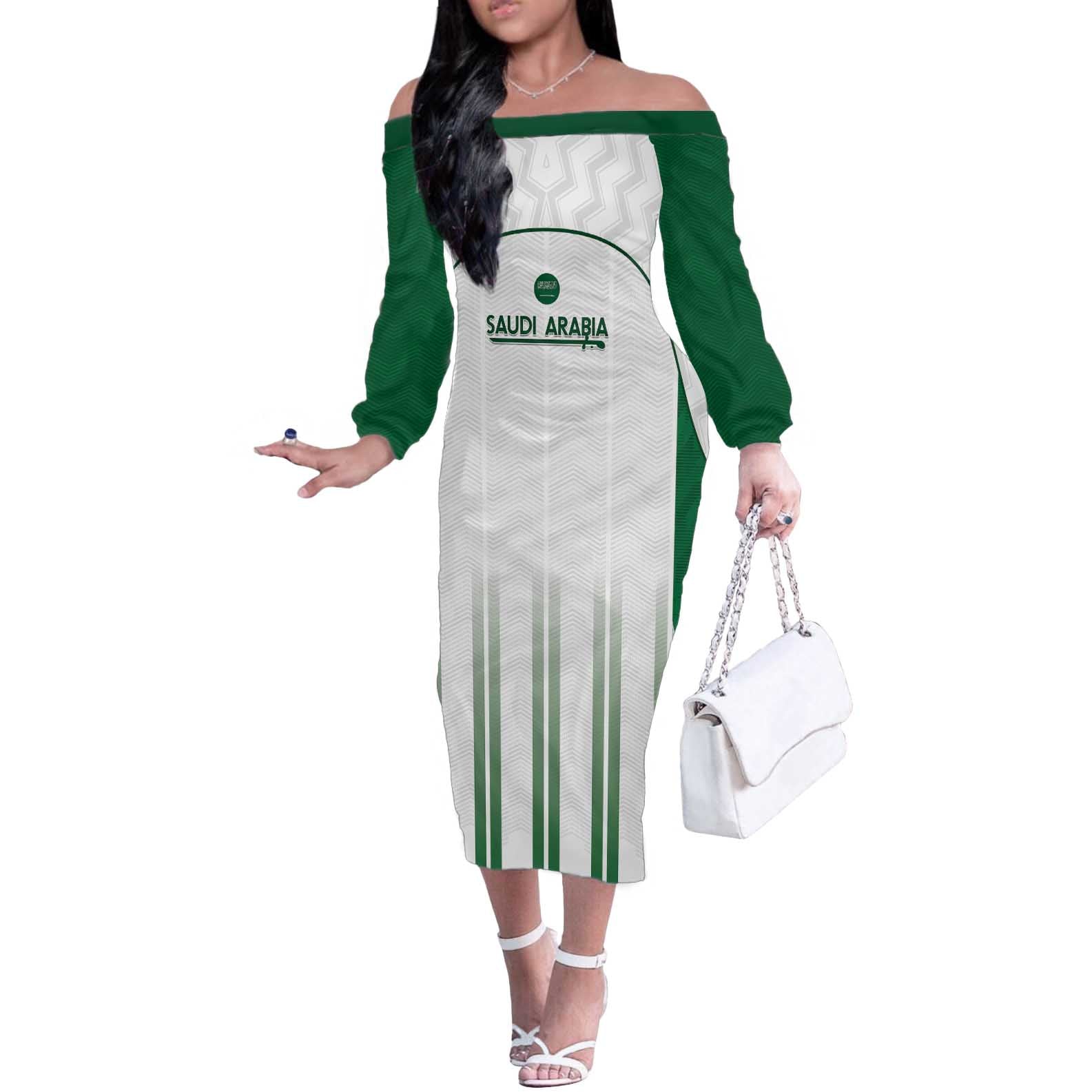 Custom Saudi Arabia Football Off The Shoulder Long Sleeve Dress Go Green Falcons Sporty - White Version - Wonder Print Shop