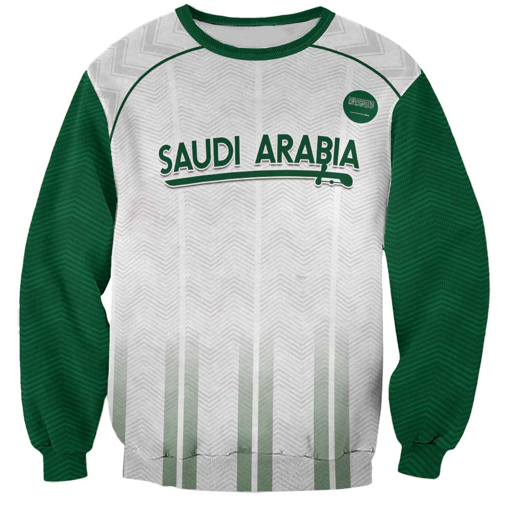 White Saudi Arabia football sweatshirt with green sleeves, ribbed collar, front team print