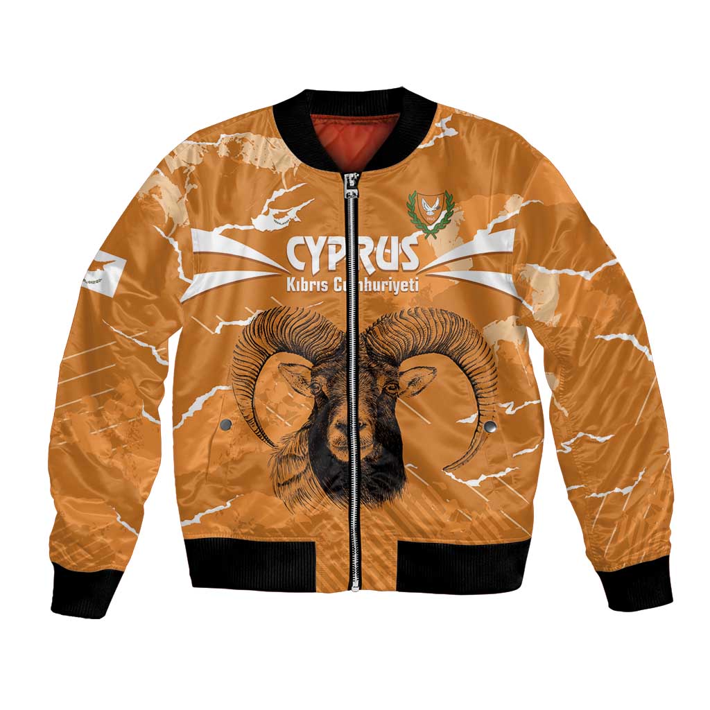 Orange bomber jacket with front zipper and Cyprus grunge lion graphic, black rib trim