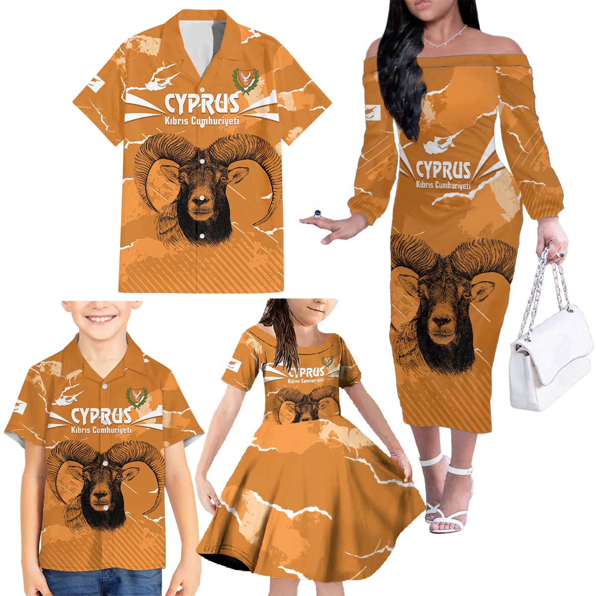 Persionalized Cyprus Independence Day Family Matching Off The Shoulder Long Sleeve Dress and Hawaiian Shirt Kbrs Cumhuriyeti Grunge Vibes - Wonder Print Shop