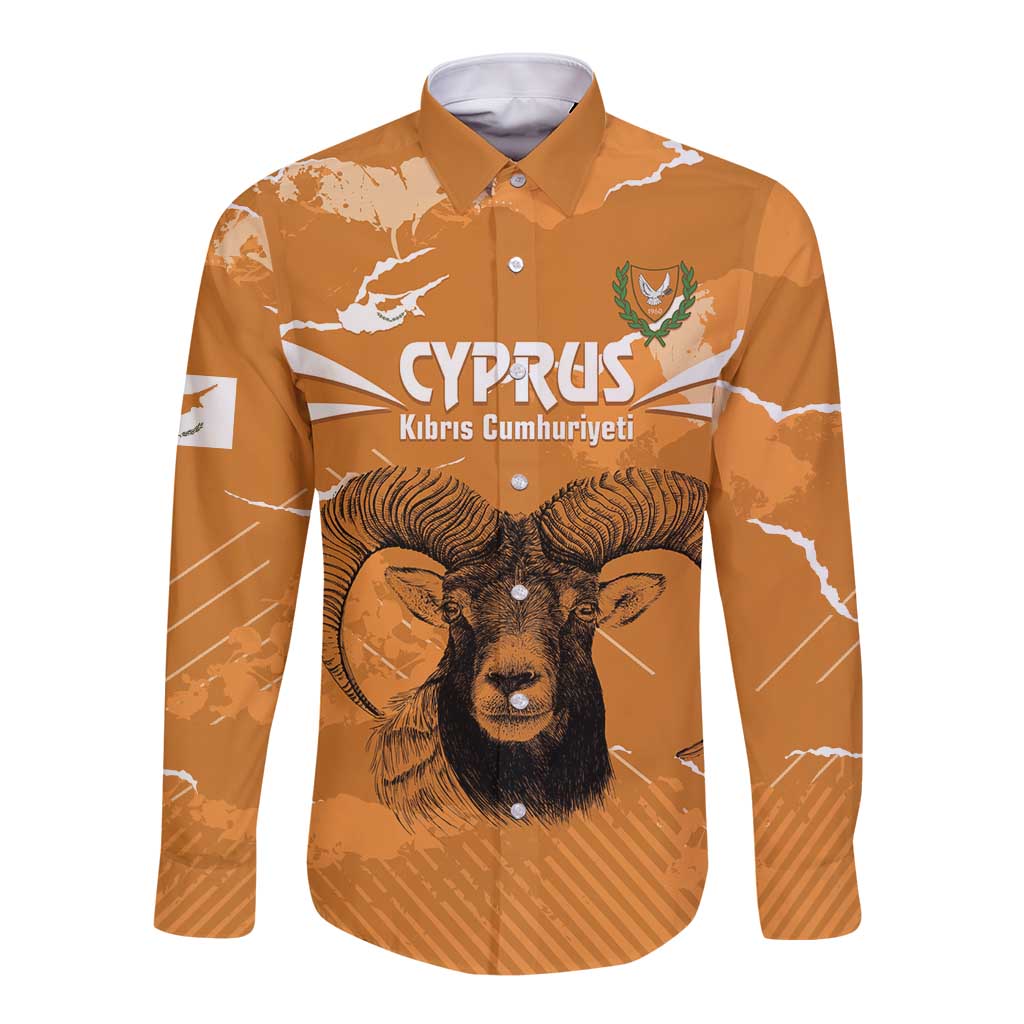 Unisex orange long-sleeve button shirt with Cyprus lion graphic, front view