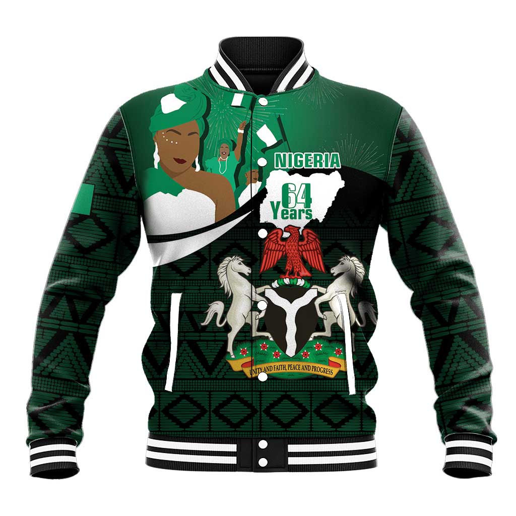 Green Nigeria-themed varsity baseball jacket with striped collar, ribbed hem, and graphic front