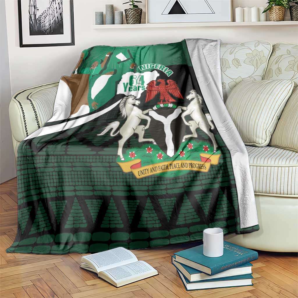 Green Nigeria-themed 64 years blanket with flag design, horses, and printed emblem