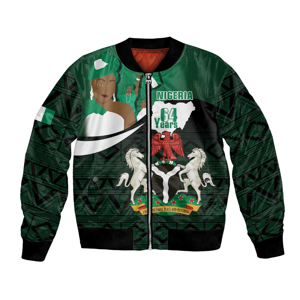 Green bomber jacket with front zip, Nigeria 64 years graphic and African geometric pattern