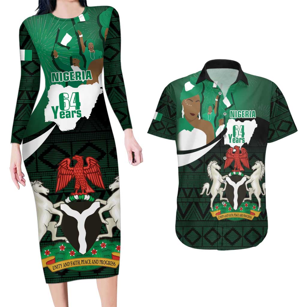 Nigeria Independence Day Couples Matching Long Sleeve Bodycon Dress and Hawaiian Shirt Happy 64 Years Of Anniversary African Pattern - Wonder Print Shop