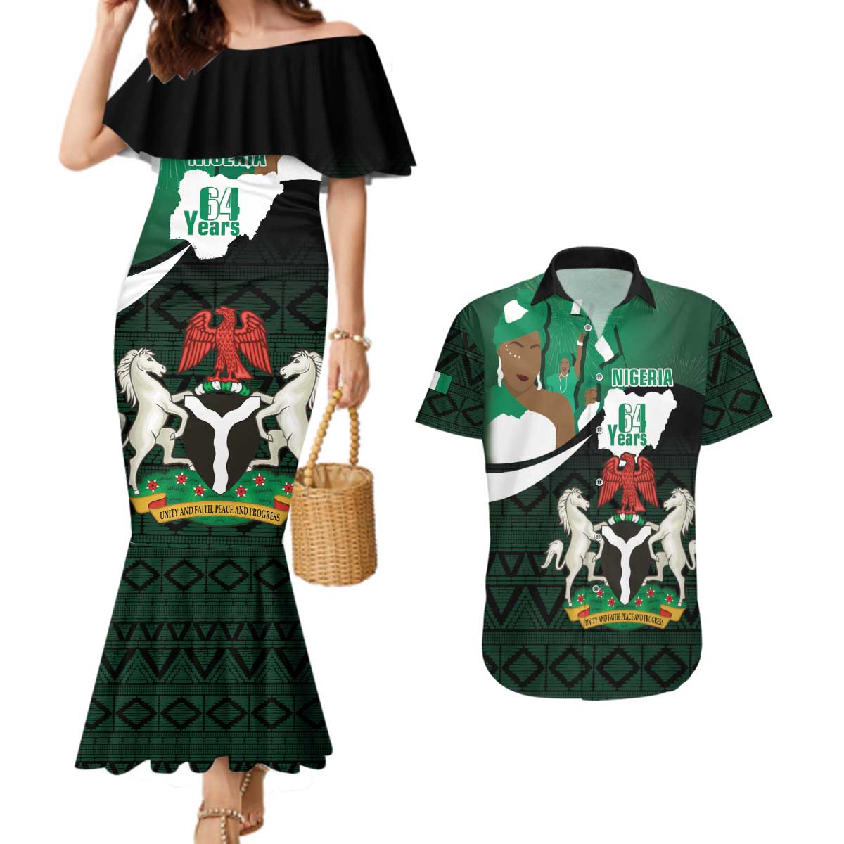 Nigeria Independence Day Couples Matching Mermaid Dress and Hawaiian Shirt Happy 64 Years Of Anniversary African Pattern - Wonder Print Shop