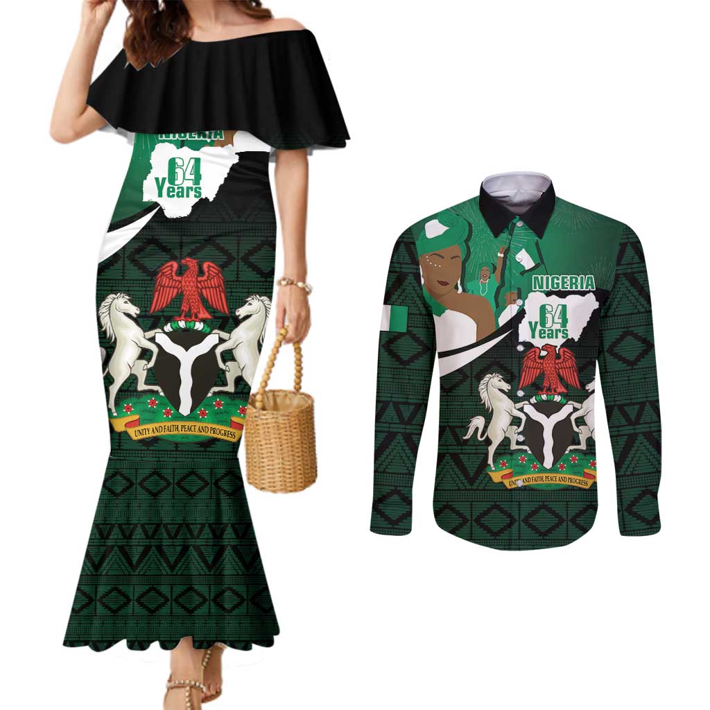 Nigeria Independence Day Couples Matching Mermaid Dress and Long Sleeve Button Shirt Happy 64 Years Of Anniversary African Pattern