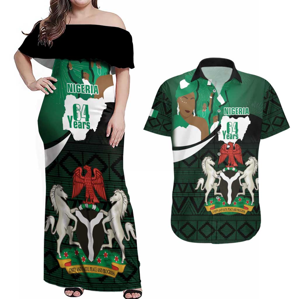 Nigeria Independence Day Couples Matching Off Shoulder Maxi Dress and Hawaiian Shirt Happy 64 Years Of Anniversary African Pattern - Wonder Print Shop