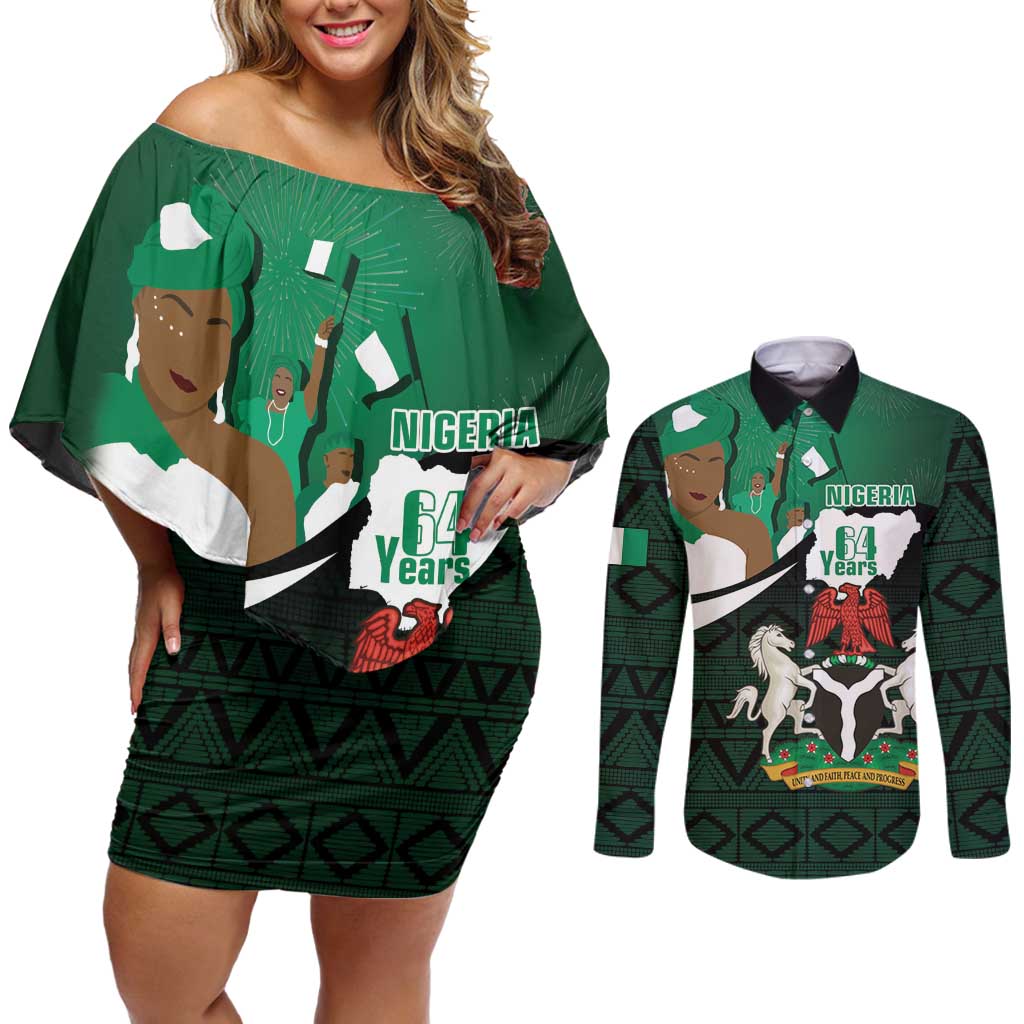 Nigeria Independence Day Couples Matching Off Shoulder Short Dress and Long Sleeve Button Shirt Happy 64 Years Of Anniversary African Pattern - Wonder Print Shop