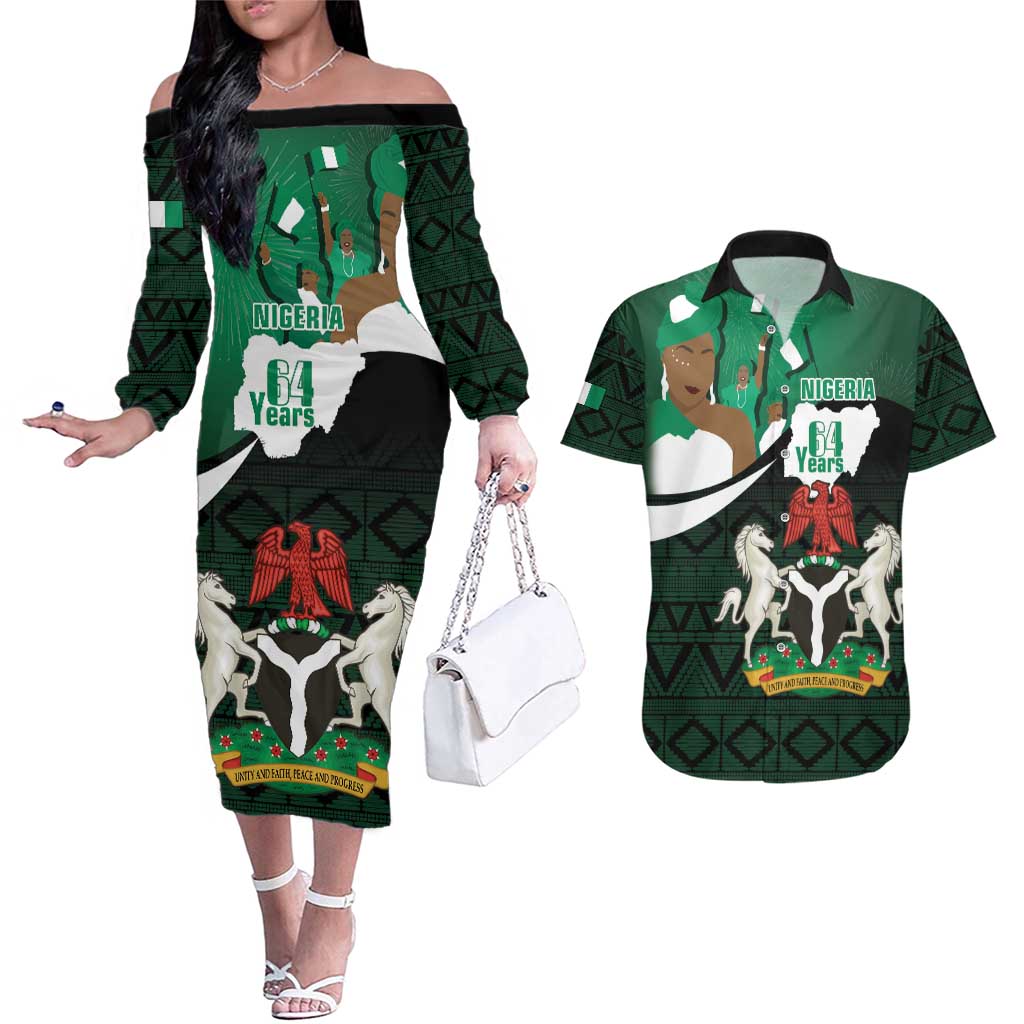 Nigeria Independence Day Couples Matching Off The Shoulder Long Sleeve Dress and Hawaiian Shirt Happy 64 Years Of Anniversary African Pattern - Wonder Print Shop