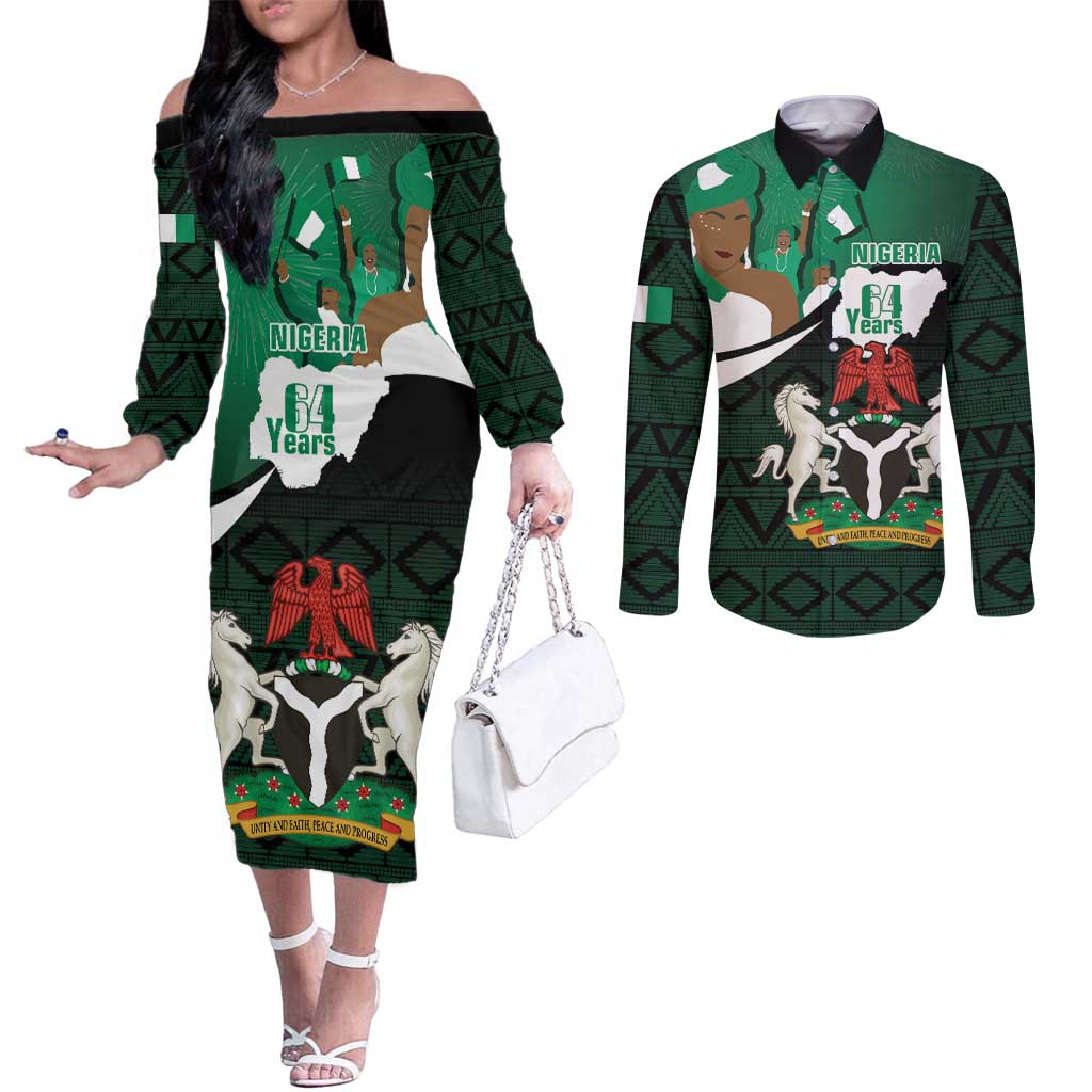 Nigeria Independence Day Couples Matching Off The Shoulder Long Sleeve Dress and Long Sleeve Button Shirt Happy 64 Years Of Anniversary African Pattern