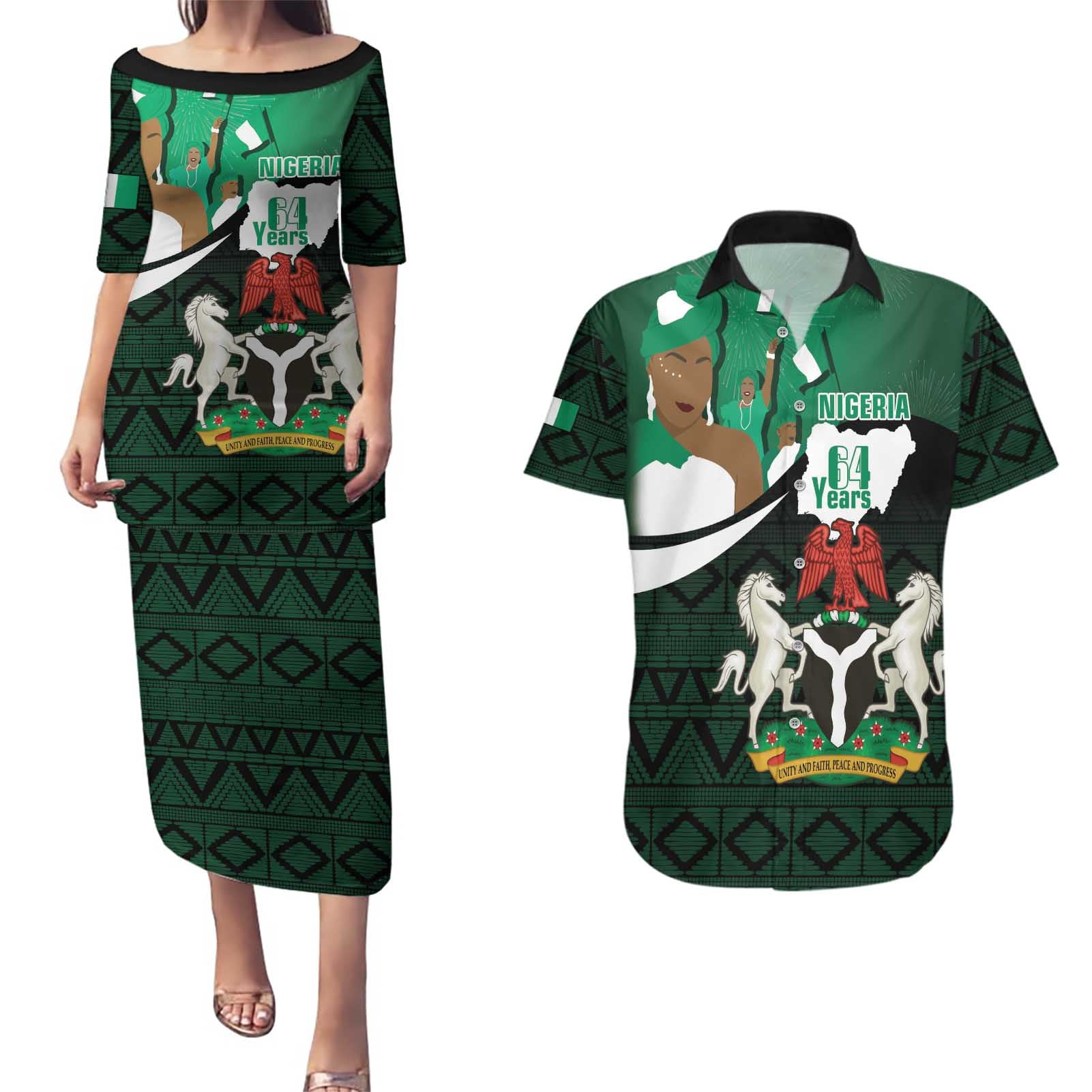 Nigeria Independence Day Couples Matching Puletasi and Hawaiian Shirt Happy 64 Years Of Anniversary African Pattern - Wonder Print Shop