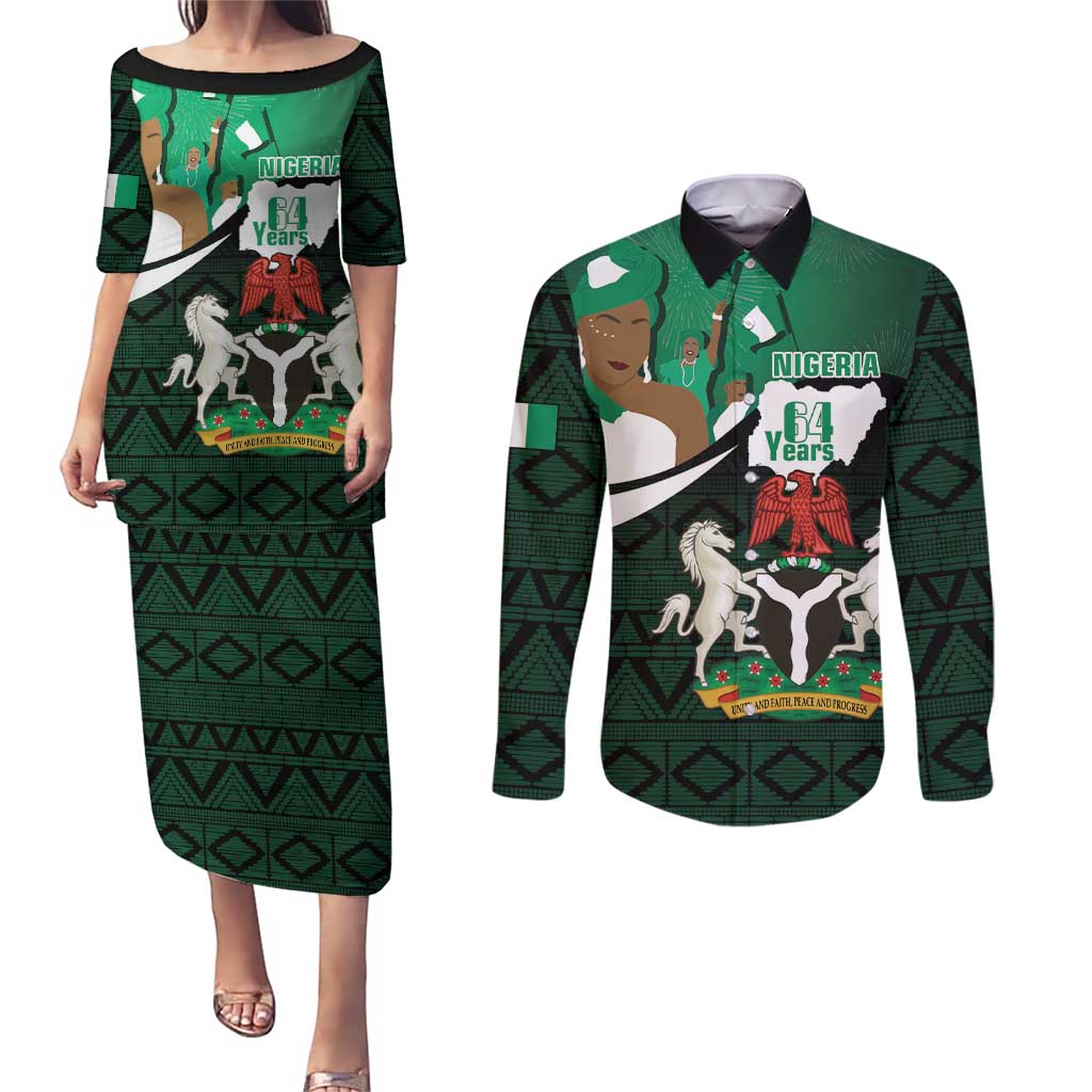 Nigeria Independence Day Couples Matching Puletasi and Long Sleeve Button Shirt Happy 64 Years Of Anniversary African Pattern - Wonder Print Shop