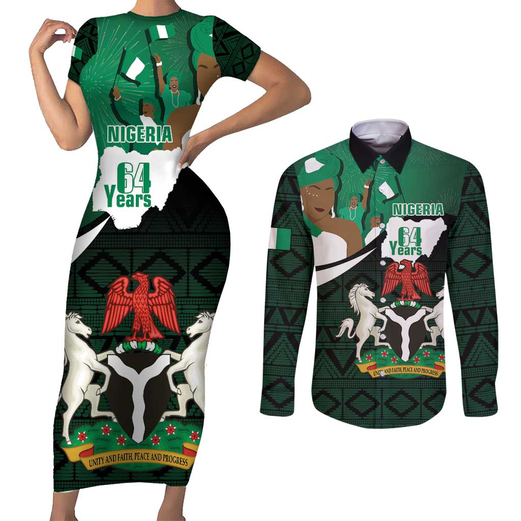 Nigeria Independence Day Couples Matching Short Sleeve Bodycon Dress and Long Sleeve Button Shirt Happy 64 Years Of Anniversary African Pattern - Wonder Print Shop