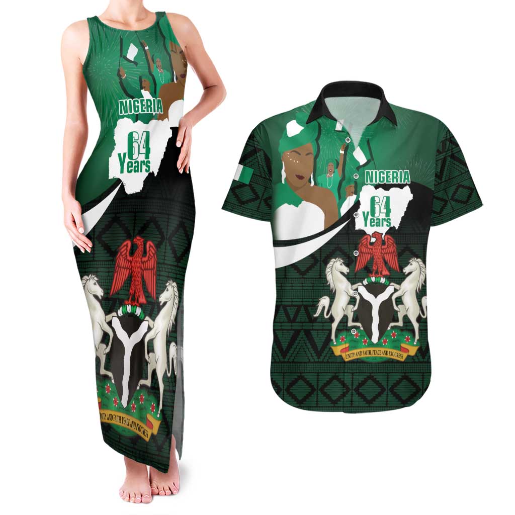 Nigeria Independence Day Couples Matching Tank Maxi Dress and Hawaiian Shirt Happy 64 Years Of Anniversary African Pattern - Wonder Print Shop