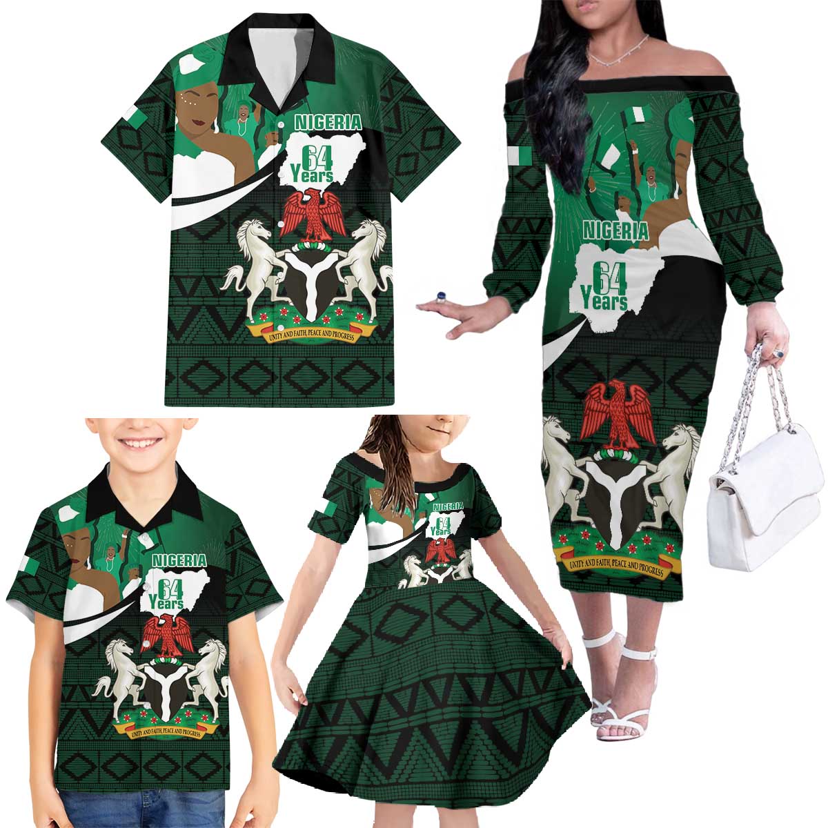 Nigeria Independence Day Family Matching Off The Shoulder Long Sleeve Dress and Hawaiian Shirt Happy 64 Years Of Anniversary African Pattern - Wonder Print Shop