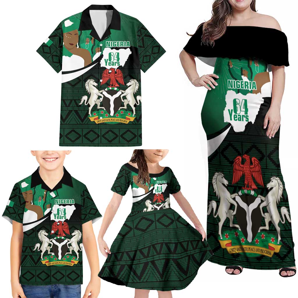 Nigeria Independence Day Family Matching Off Shoulder Maxi Dress and Hawaiian Shirt Happy 64 Years Of Anniversary African Pattern - Wonder Print Shop