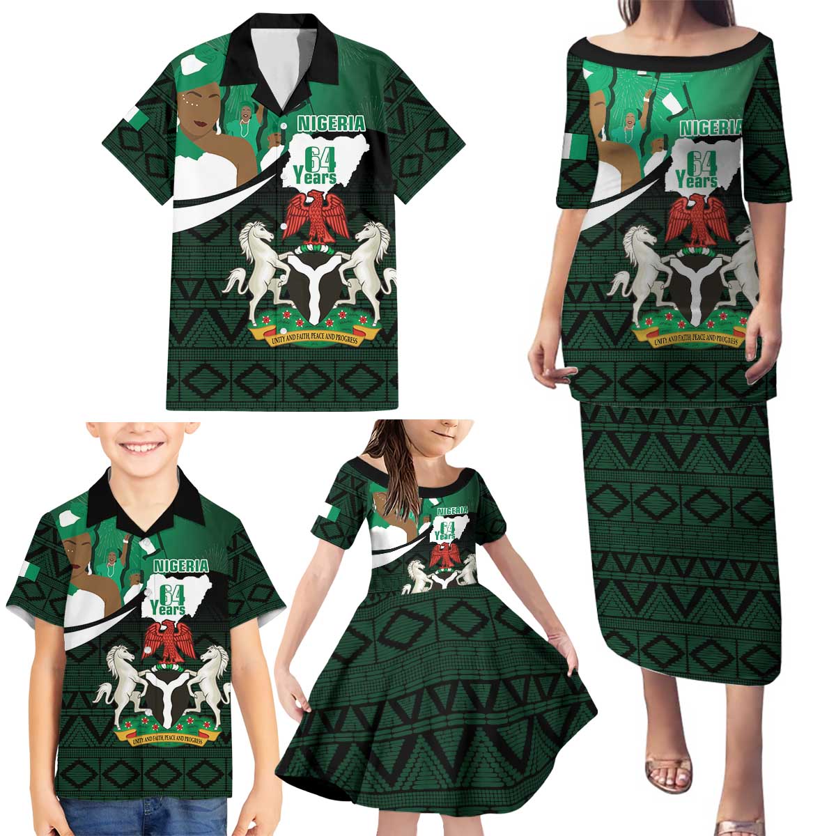 Nigeria Independence Day Family Matching Puletasi and Hawaiian Shirt Happy 64 Years Of Anniversary African Pattern - Wonder Print Shop