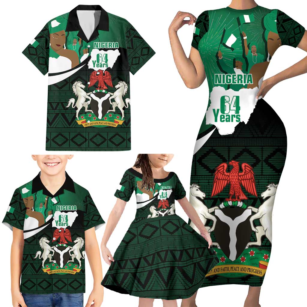 Nigeria Independence Day Family Matching Short Sleeve Bodycon Dress and Hawaiian Shirt Happy 64 Years Of Anniversary African Pattern - Wonder Print Shop