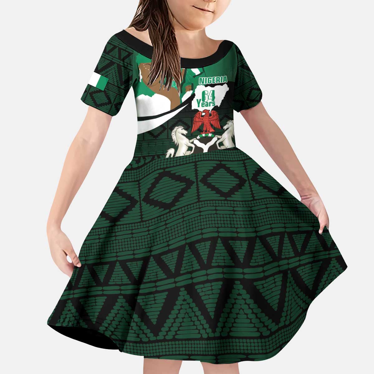 Nigeria Independence Day Kid Short Sleeve Dress Happy 64 Years Of Anniversary African Pattern - Wonder Print Shop