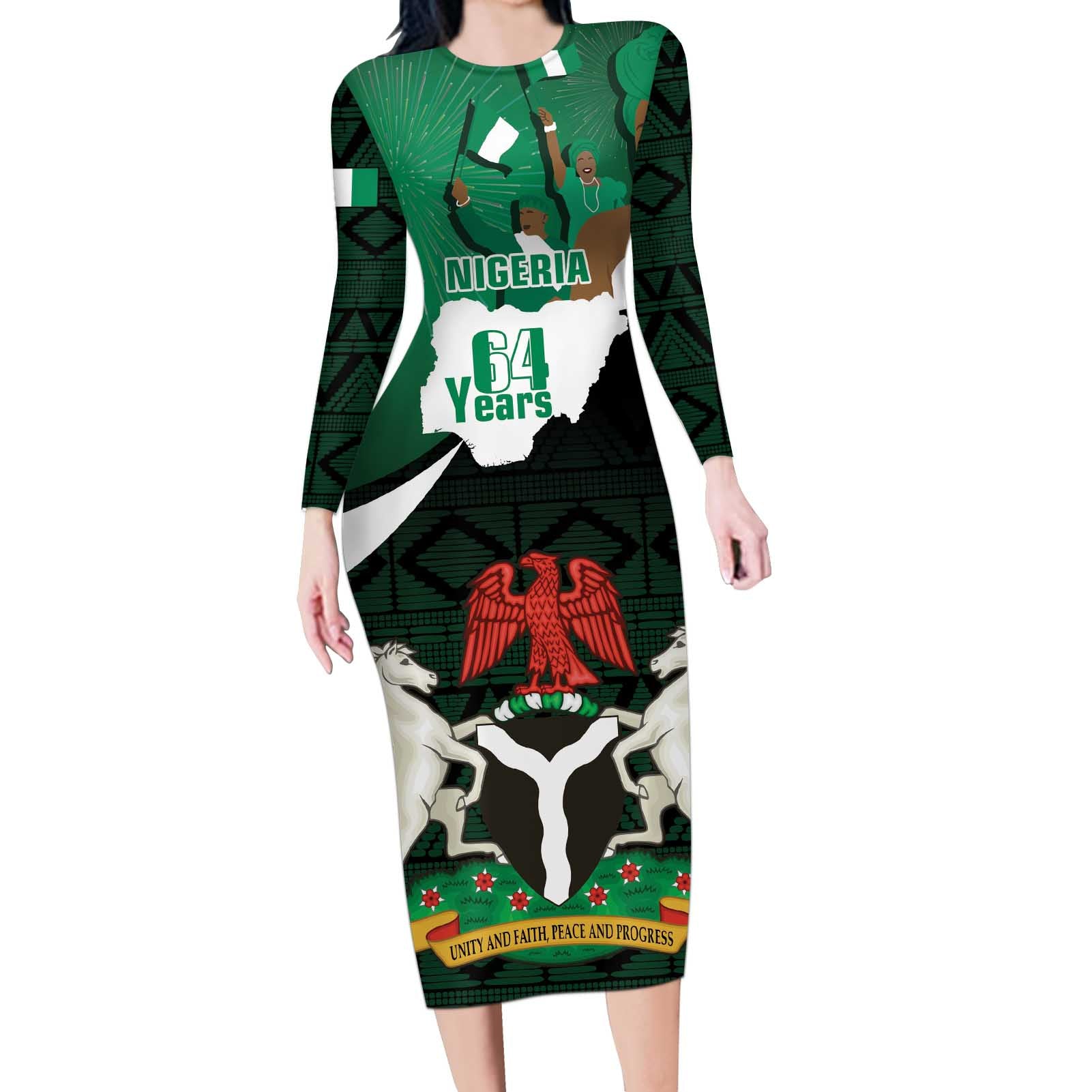 Nigeria Independence Day Long Sleeve Bodycon Dress Happy 64 Years Of Anniversary African Pattern - Wonder Print Shop