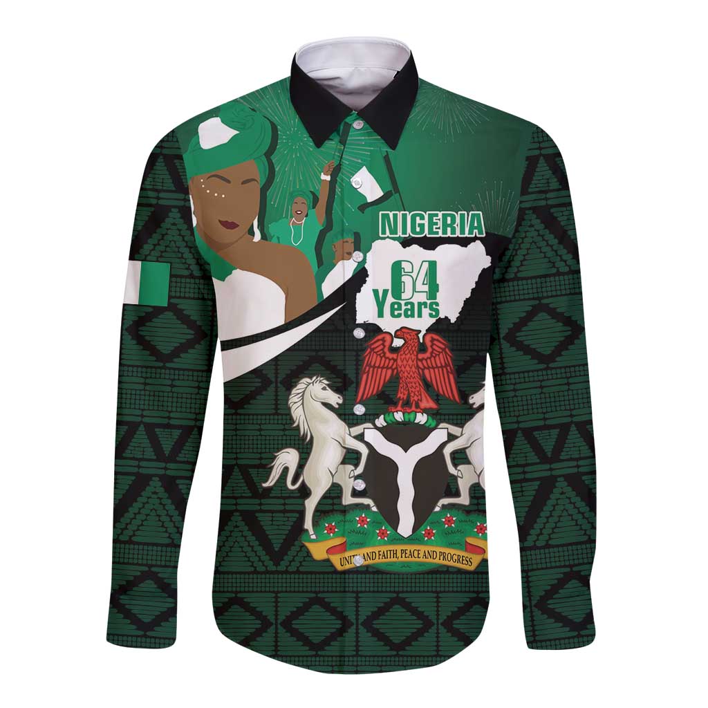 Nigeria Independence Day Long Sleeve Button Shirt Happy 64 Years Of Anniversary African Pattern - Wonder Print Shop