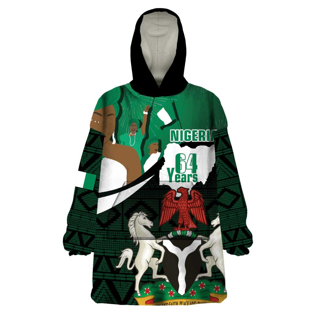 Nigeria Independence Day Wearable Blanket Hoodie Happy 64 Years Of Anniversary African Pattern - Wonder Print Shop