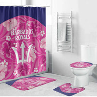 Pink cricket bathroom set with shower curtain, toilet mat, and floral bath mats