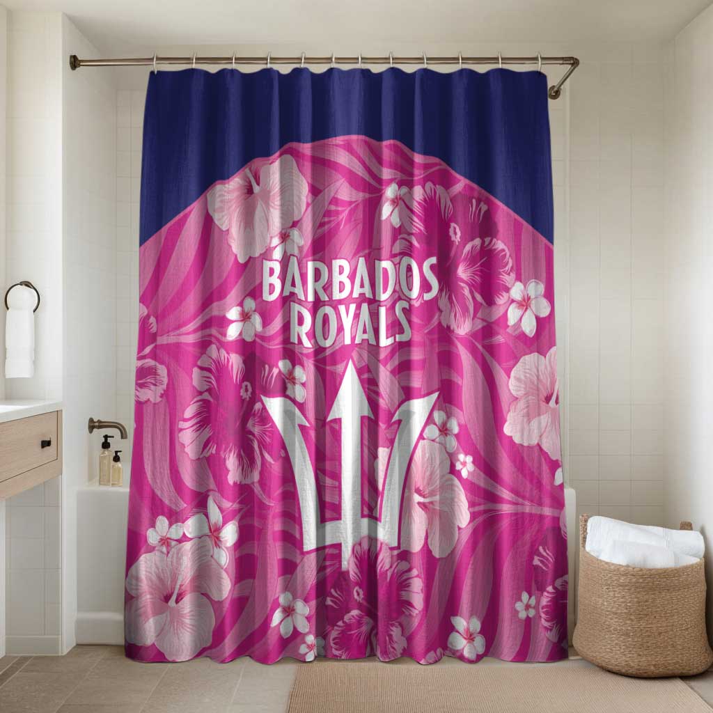 Pink and navy cricket shower curtain with Barbados Royals floral crest