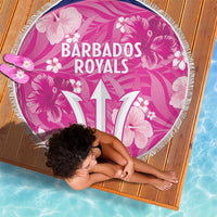Round pink beach blanket with white “17” emblem, Barbados Royals text, floral design