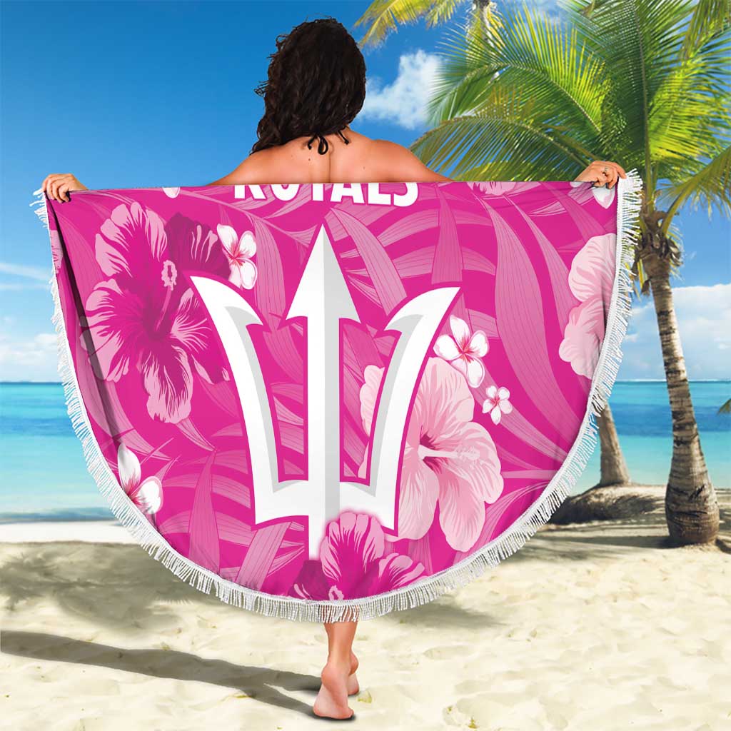 Pink circular beach blanket with fringe edge, Barbados Royals text and “17” emblem