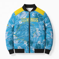 Blue tropical floral puffer bomber jacket with yellow shoulders, front zip, black rib trim