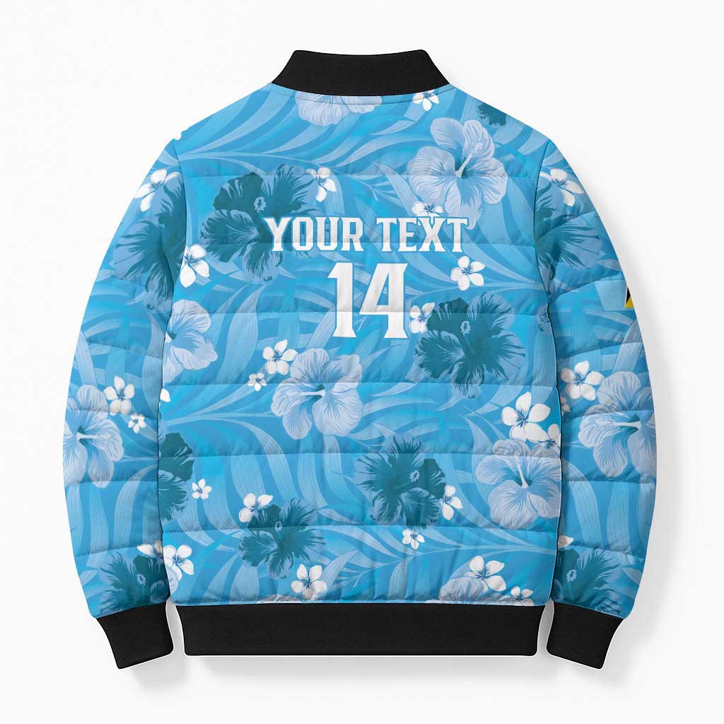 Blue tropical puffer bomber jacket back with 'YOUR TEXT 14', black rib trim