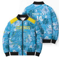 Blue tropical puffer bomber jacket with yellow shoulder panels, front zip, black rib trim