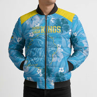 Blue tropical floral puffer bomber jacket with 'Saint Lucia Kings' front graphic, zip