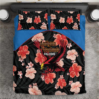 Black tropical floral cricket bedding set with pink and red flowers, blue border, Falcons emblem