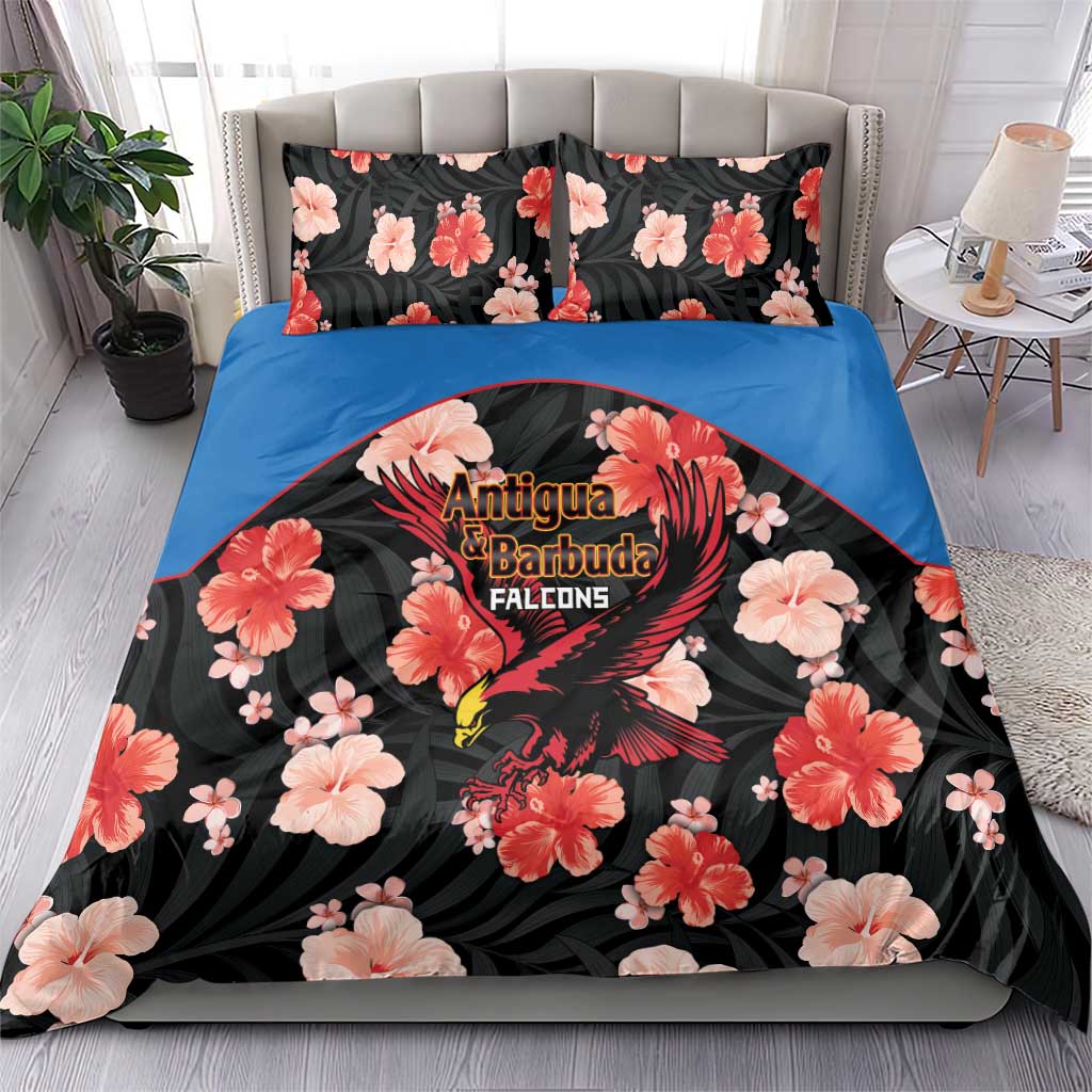 Cricket bedding set on bed: black floral duvet, blue side panels, Falcons bird logo