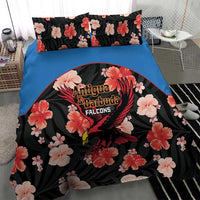 Black floral cricket bedding set with red and pink hibiscus-style flowers and Falcons center emblem