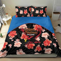 Black tropical floral bedding set with blue edges and Falcons logo on duvet front