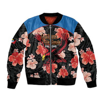 Black bomber jacket with floral tropical print, full front zip and ribbed cuffs.