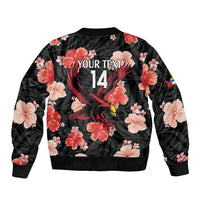Black bomber jacket back view with floral print and 'YOUR TEXT 14' graphic.