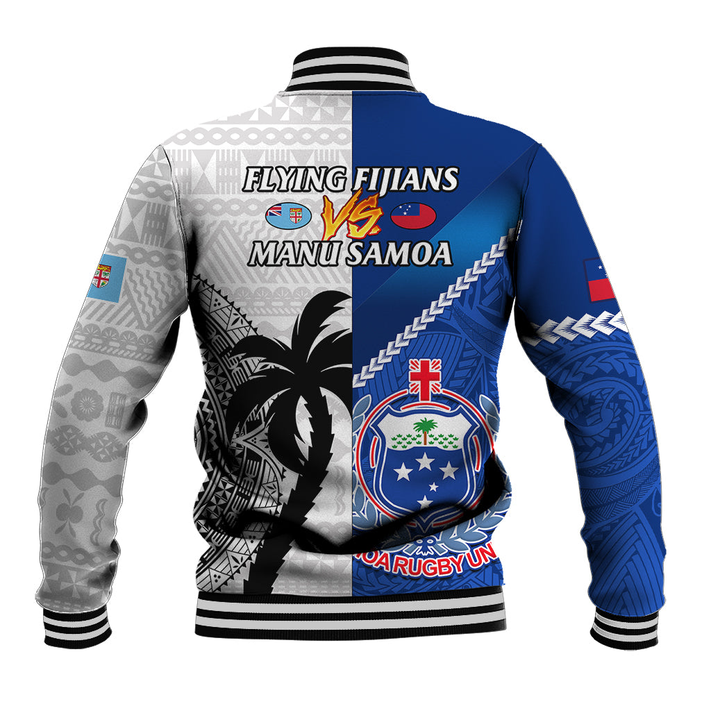 Blue and gray varsity jacket, back view with large tribal graphic, striped ribbed cuffs and hem