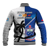 Blue and gray varsity jacket, back view with large tribal graphic, striped ribbed cuffs and hem