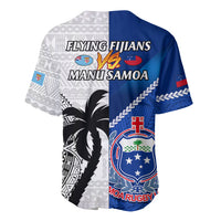 Blue/white rugby baseball jersey back with 'Flying Fijians' vs 'Manu Samoa' text and palm